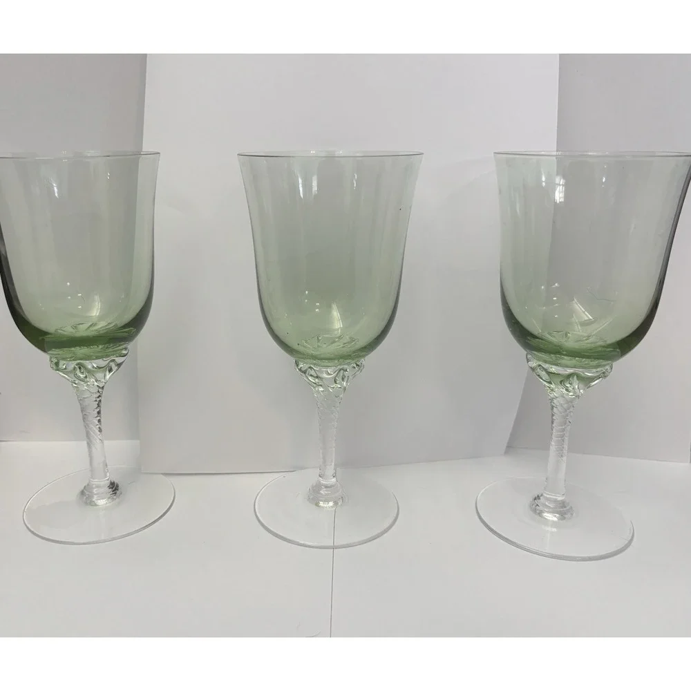 Sasaki Hawthorne Jade Water Goblets Green Clear Twist Stem Set of 6 Vintage